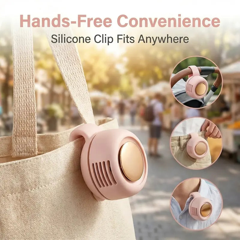Mini Bladeless Fan. Portable, rechargeable, and silent. Features 3 adjustable speeds, a rotating body, and versatile use as a handheld, waist-mounted, or phone cooling fan. Ideal for outdoor travel
