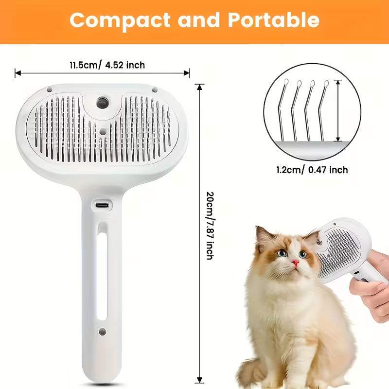 Pet Steam Brush, a 3-in-1 brush with steam function and release button, suitable for grooming and shedding treatment of indoor pets, including dogs