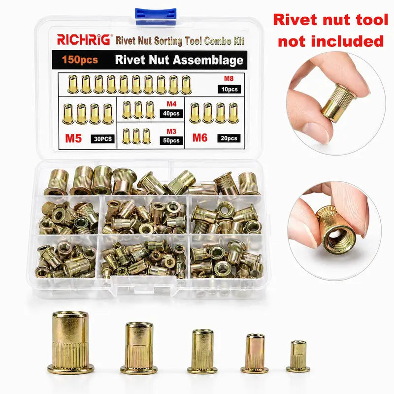 Head Rivet Nut Tool, M3 M4 M5 M6 M8 Rivnut Kit, Carbon Steel Rivnut Set, Threaded Rivet Nut Kit, Manual Riveter Rivnuts Tool Accessory for Automotive Repair Warehouses