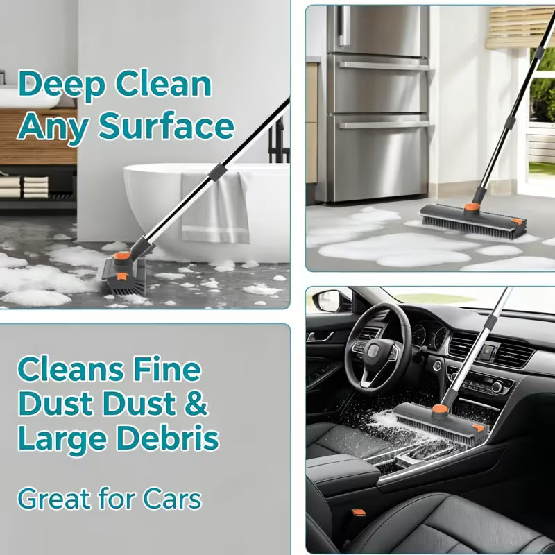 Floor Scrub Brush with Long Handle, 3in 1 Heavy-Duty Stiff 90° Bristle Floor Scrubber Broom with Squeegee And Tweezer for Cleaning Tile Wall Deck Bathroom Patio Garage Kitchen Patio