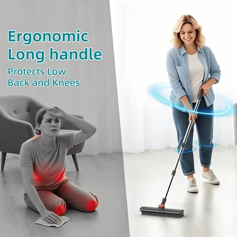 Floor Scrub Brush with Long Handle, 3in 1 Heavy-Duty Stiff 90° Bristle Floor Scrubber Broom with Squeegee And Tweezer for Cleaning Tile Wall Deck Bathroom Patio Garage Kitchen Patio