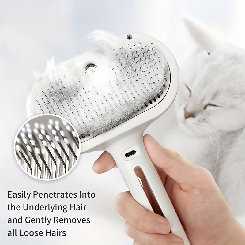 Pet Steam Brush, a 3-in-1 brush with steam function and release button, suitable for grooming and shedding treatment of indoor pets, including dogs