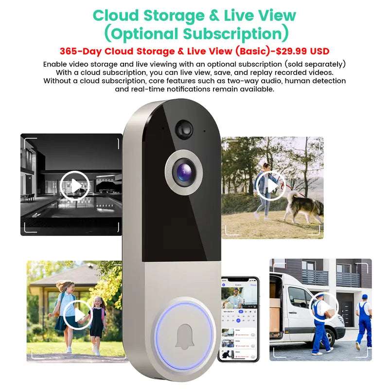 Doorbell Camera Wireless, Smart WiFi Video Doorbell, 1080P, Video Doorbell Camera with 2 Way Audio, AI Human Detection, Night Vision, Cloud Storage, Battery Powered, Easy Installation, 2.4G WiFi Only