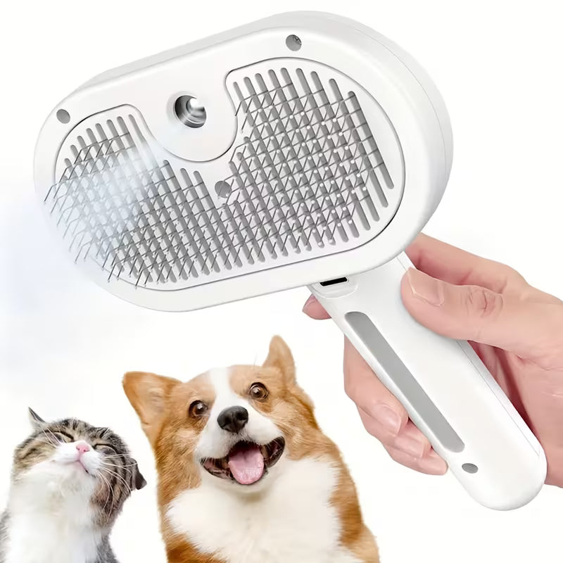 Pet Steam Brush, a 3-in-1 brush with steam function and release button, suitable for grooming and shedding treatment of indoor pets, including dogs