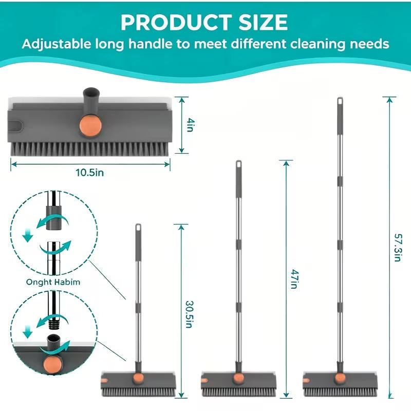 Floor Scrub Brush with Long Handle, 3in 1 Heavy-Duty Stiff 90° Bristle Floor Scrubber Broom with Squeegee And Tweezer for Cleaning Tile Wall Deck Bathroom Patio Garage Kitchen Patio