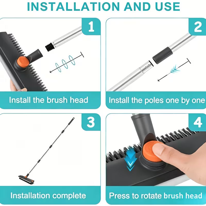 Floor Scrub Brush with Long Handle, 3in 1 Heavy-Duty Stiff 90° Bristle Floor Scrubber Broom with Squeegee And Tweezer for Cleaning Tile Wall Deck Bathroom Patio Garage Kitchen Patio
