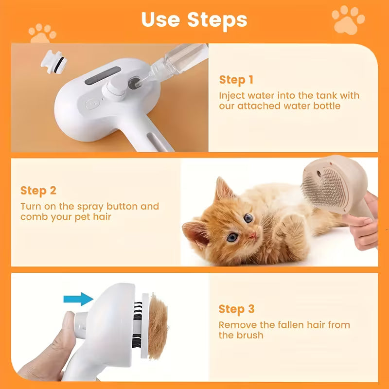 Pet Steam Brush, a 3-in-1 brush with steam function and release button, suitable for grooming and shedding treatment of indoor pets, including dogs