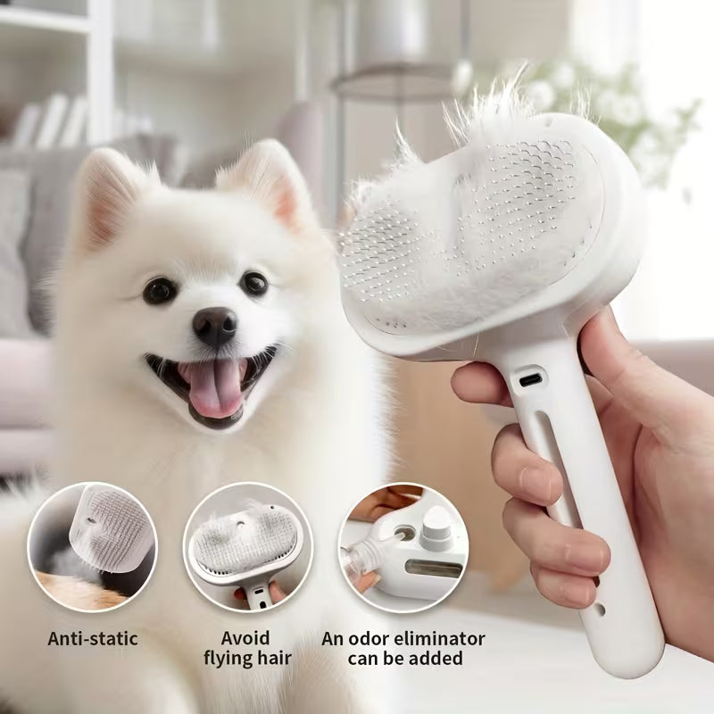 Pet Steam Brush, a 3-in-1 brush with steam function and release button, suitable for grooming and shedding treatment of indoor pets, including dogs