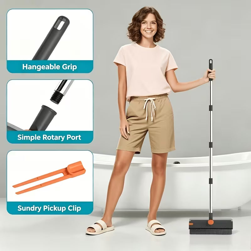 Floor Scrub Brush with Long Handle, 3in 1 Heavy-Duty Stiff 90° Bristle Floor Scrubber Broom with Squeegee And Tweezer for Cleaning Tile Wall Deck Bathroom Patio Garage Kitchen Patio