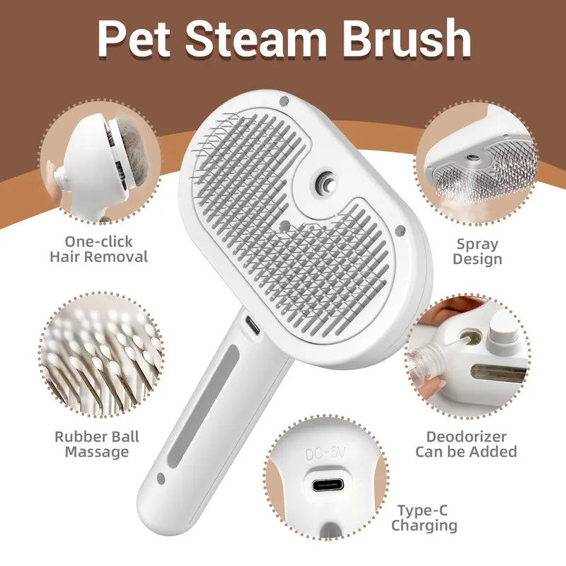 Pet Steam Brush, a 3-in-1 brush with steam function and release button, suitable for grooming and shedding treatment of indoor pets, including dogs