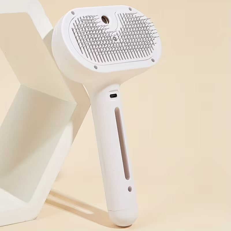 Pet Steam Brush, a 3-in-1 brush with steam function and release button, suitable for grooming and shedding treatment of indoor pets, including dogs
