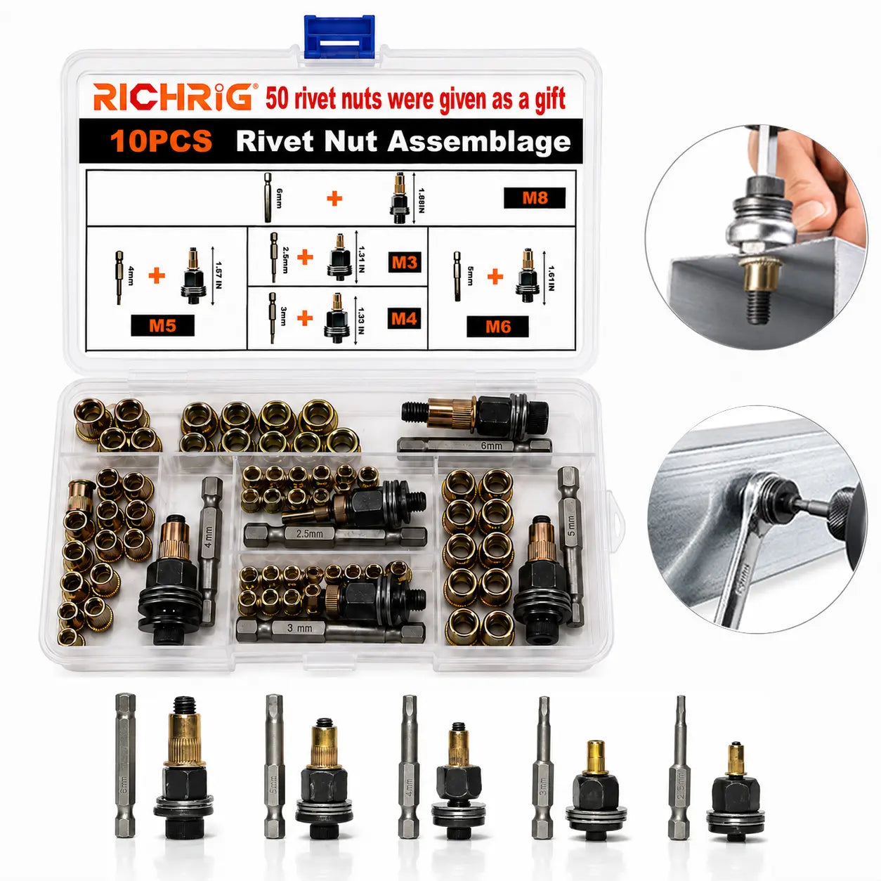 Head Rivet Nut Tool, M3 M4 M5 M6 M8 Rivnut Kit, Carbon Steel Rivnut Set, Threaded Rivet Nut Kit, Manual Riveter Rivnuts Tool Accessory for Automotive Repair Warehouses
