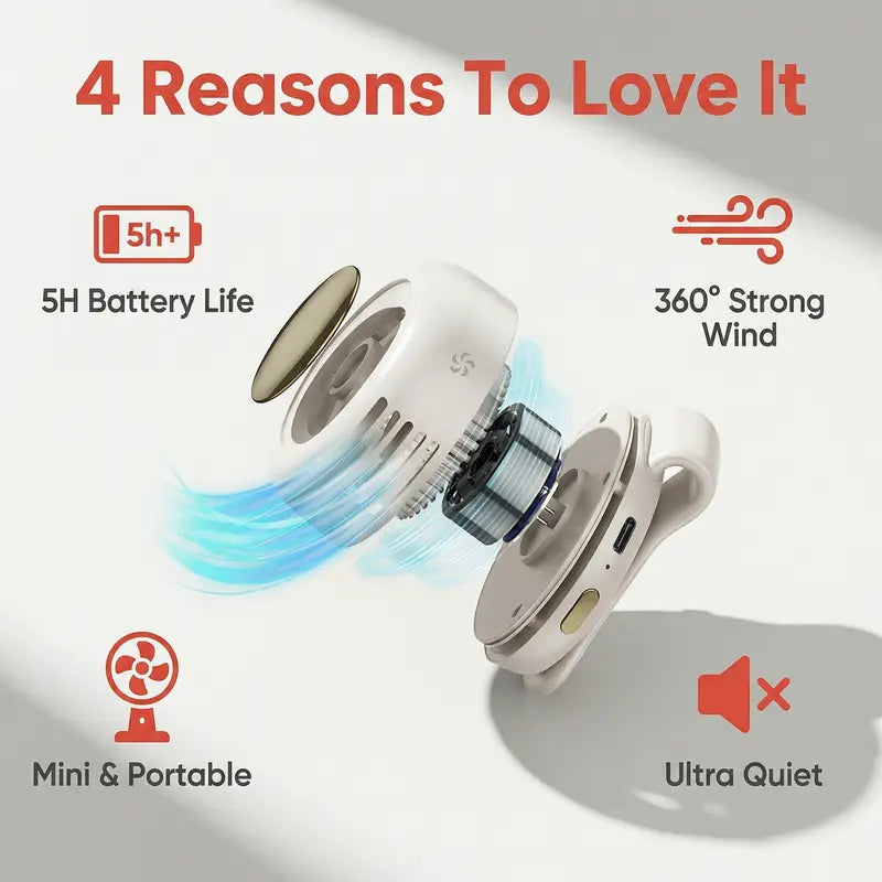 Mini Bladeless Fan. Portable, rechargeable, and silent. Features 3 adjustable speeds, a rotating body, and versatile use as a handheld, waist-mounted, or phone cooling fan. Ideal for outdoor travel