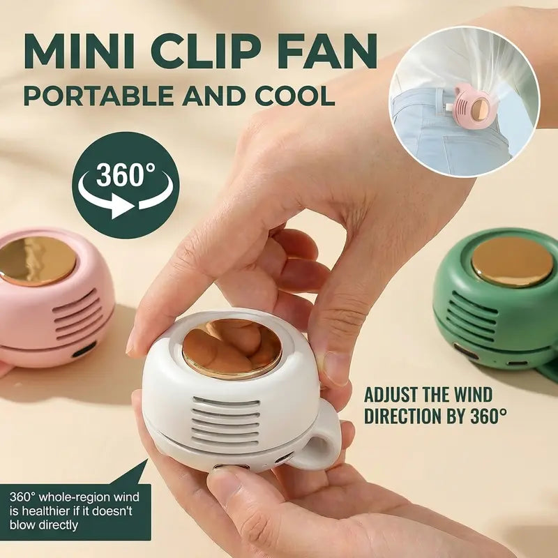Mini Bladeless Fan. Portable, rechargeable, and silent. Features 3 adjustable speeds, a rotating body, and versatile use as a handheld, waist-mounted, or phone cooling fan. Ideal for outdoor travel