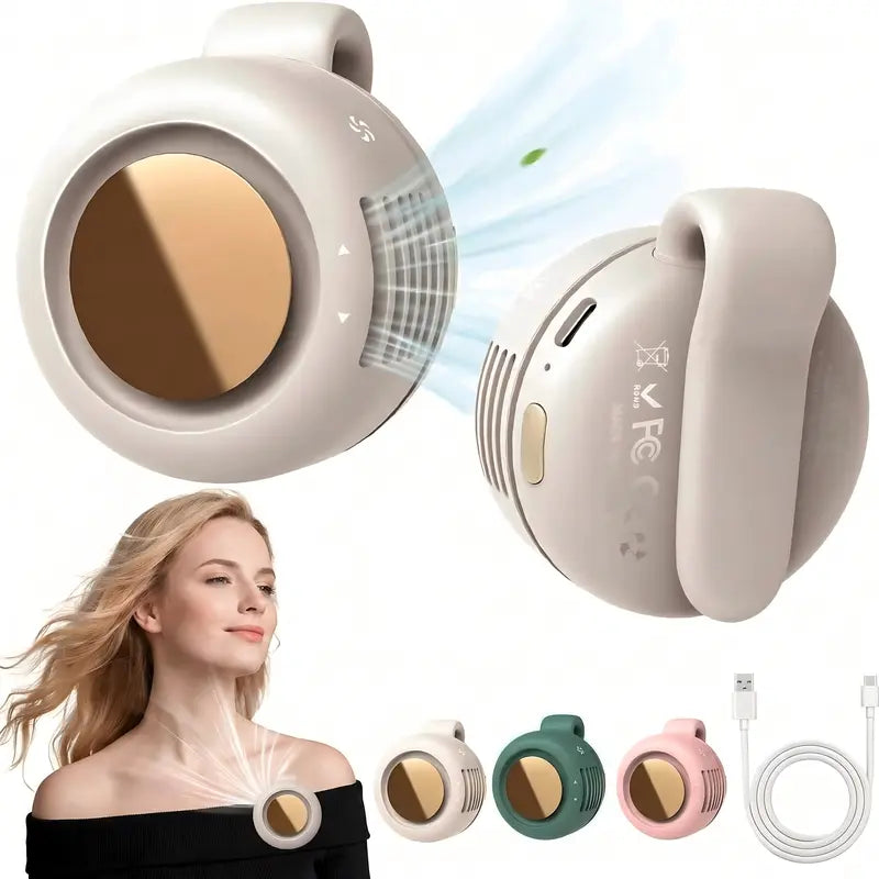 Mini Bladeless Fan. Portable, rechargeable, and silent. Features 3 adjustable speeds, a rotating body, and versatile use as a handheld, waist-mounted, or phone cooling fan. Ideal for outdoor travel
