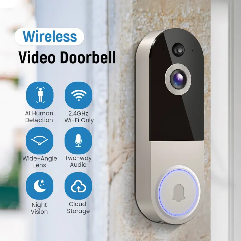 Doorbell Camera Wireless, Smart WiFi Video Doorbell, 1080P, Video Doorbell Camera with 2 Way Audio, AI Human Detection, Night Vision, Cloud Storage, Battery Powered, Easy Installation, 2.4G WiFi Only