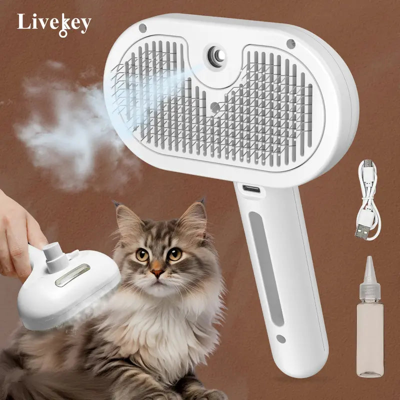 Pet Steam Brush, a 3-in-1 brush with steam function and release button, suitable for grooming and shedding treatment of indoor pets, including dogs